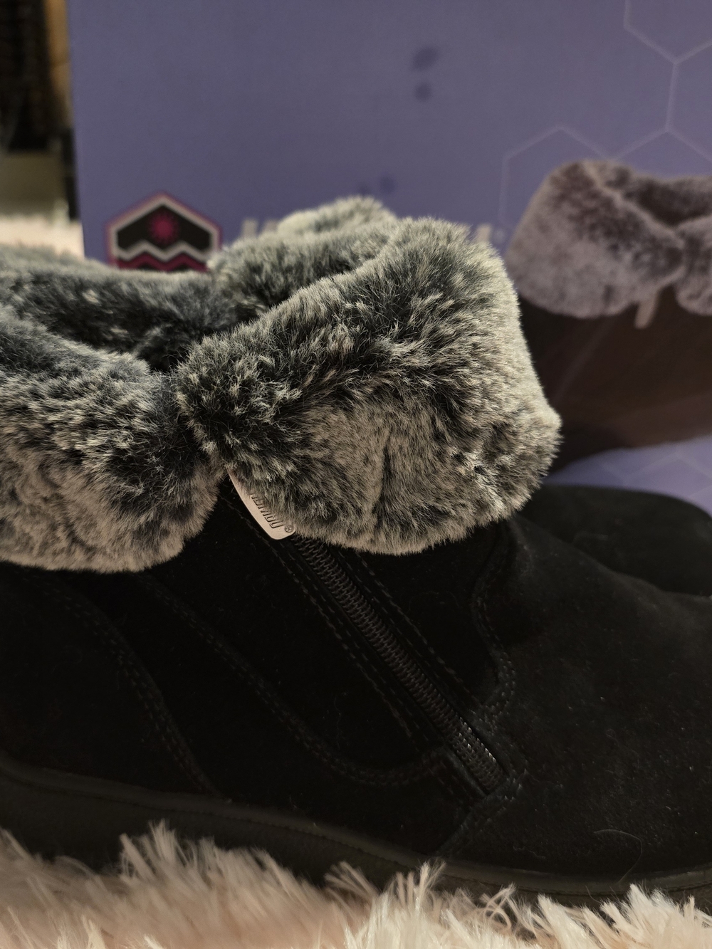 Khombu Black Suede Winter Ankle Boot with Gray Faux Fur Collar